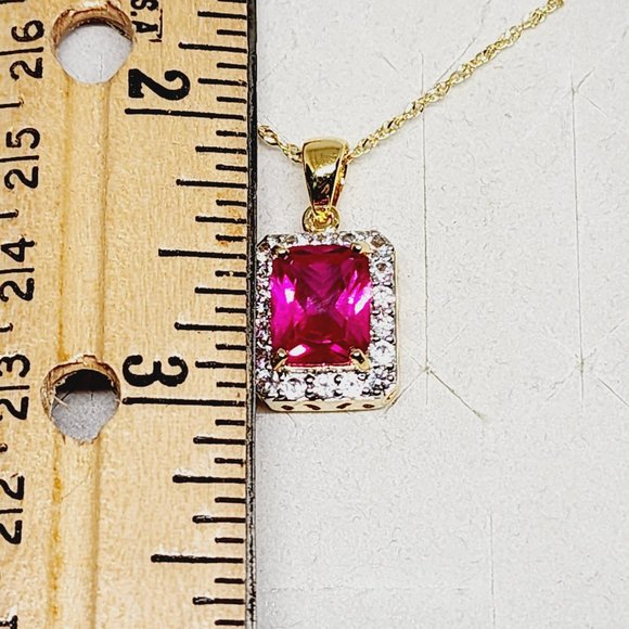 Lab Created Ruby and White Zircon Pendant Necklace 18 Inches in 14K YG Over SS - Picture 3 of 6
